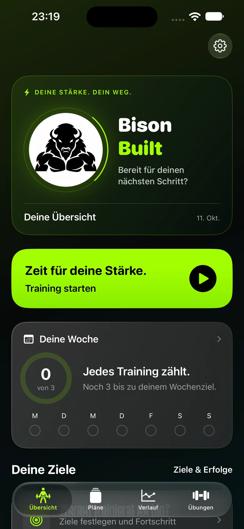 BisonBuilt-Startseite mit Wochenziel und Trainingsübersicht